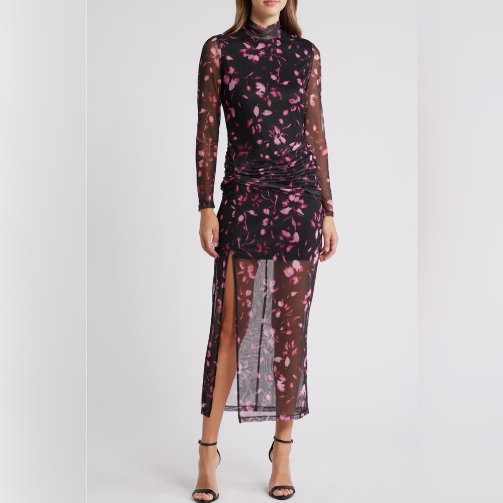 HUTCH Black and Pink Floral Sheer Maxi Dress